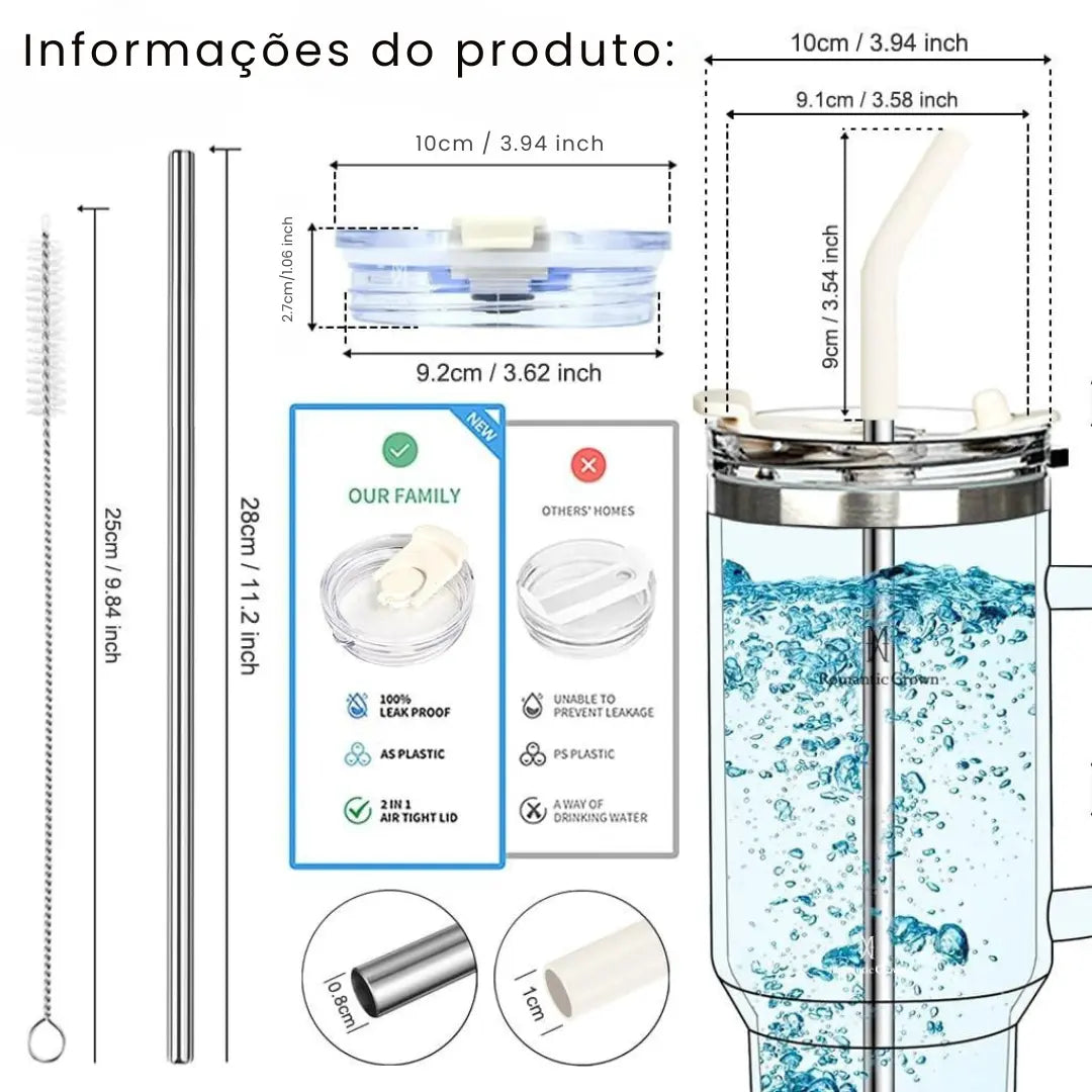 Copo Térmico Inox Portátil com Tampa e Canudo 1200ML