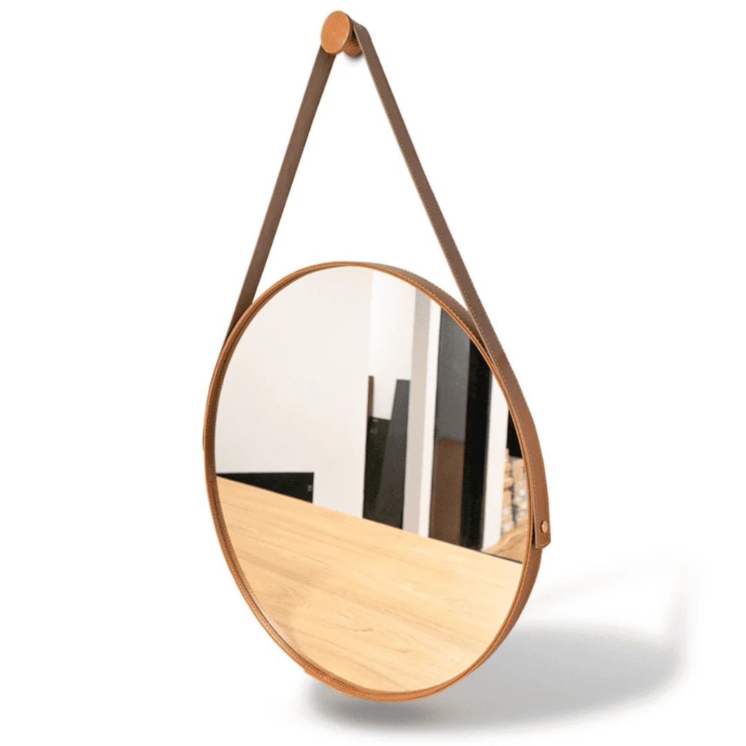 Espelho Redondo Adnet Couro Com Alça + Suporte 60cm