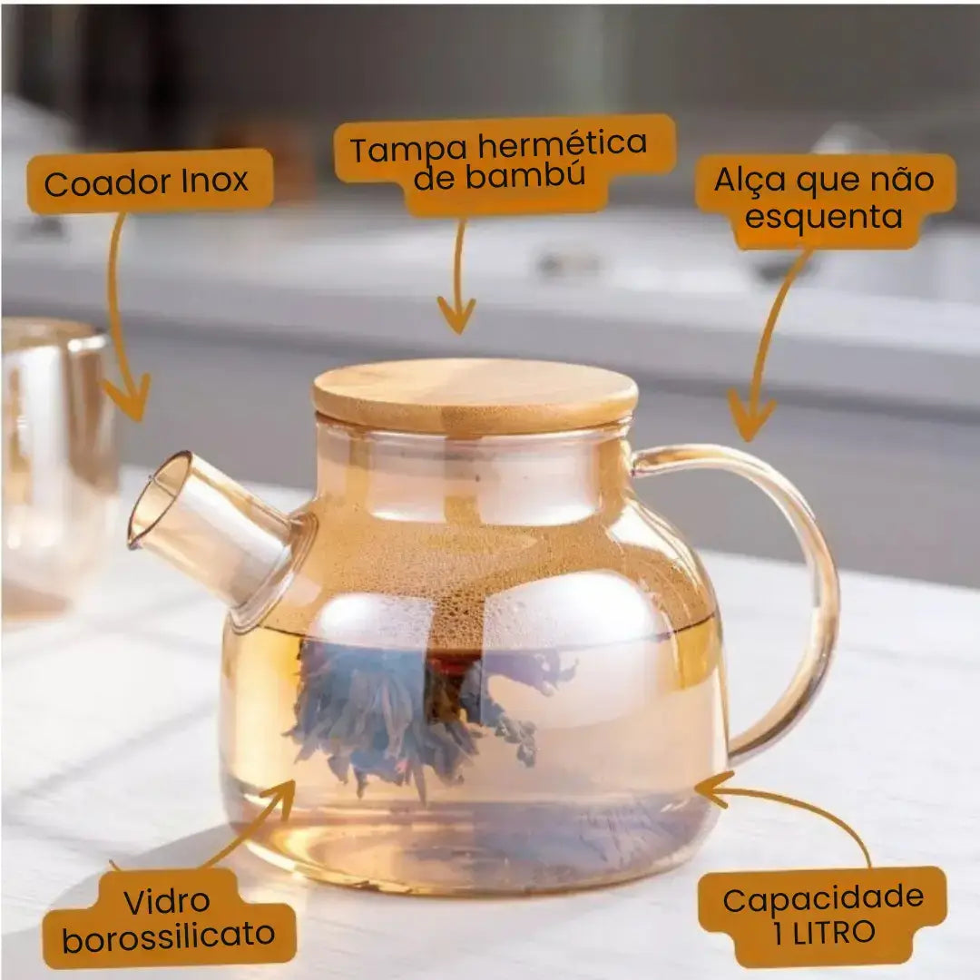 Chaleira de Vidro com Tampa de Bambu