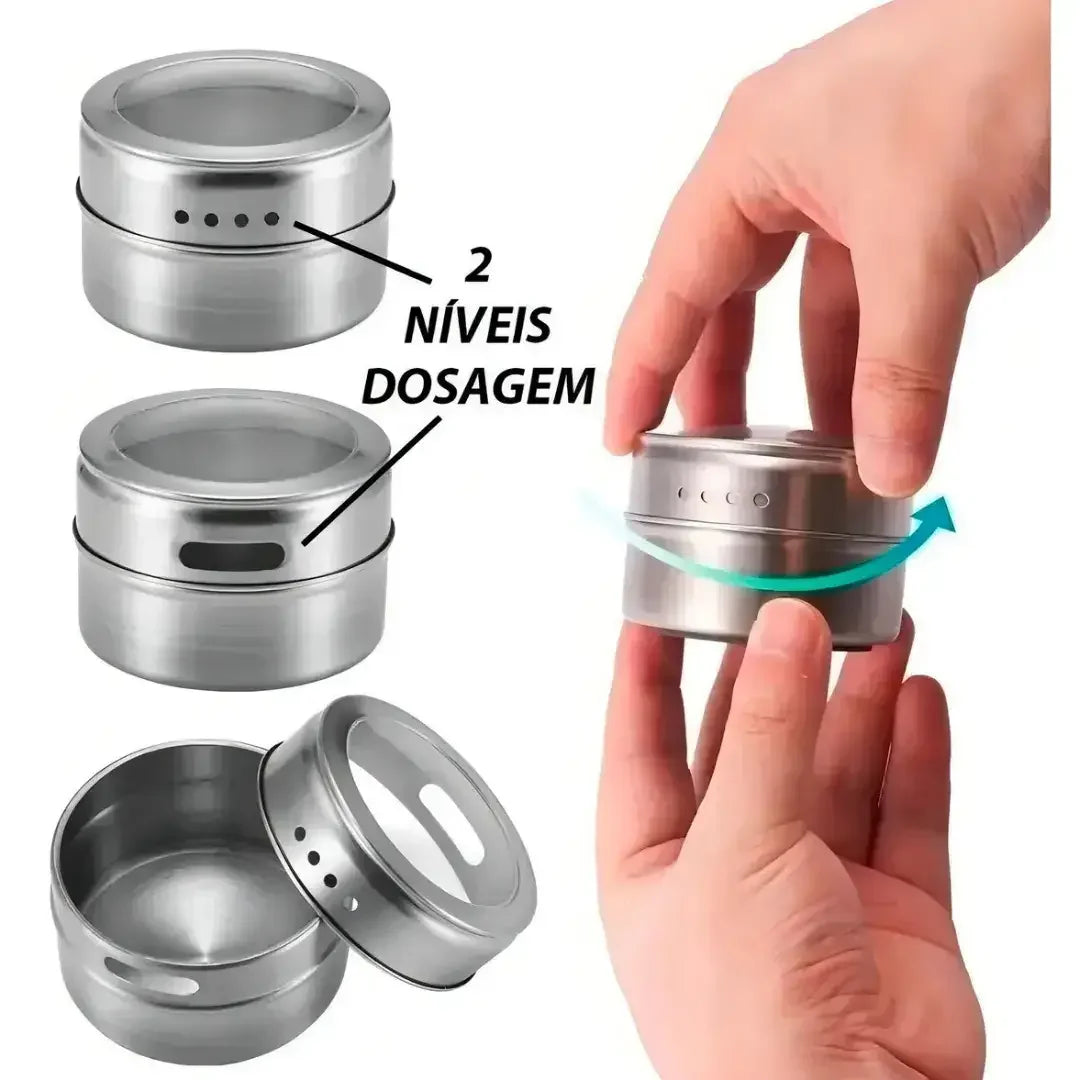 Porta Temperos Magnético com 6 Potes Inox