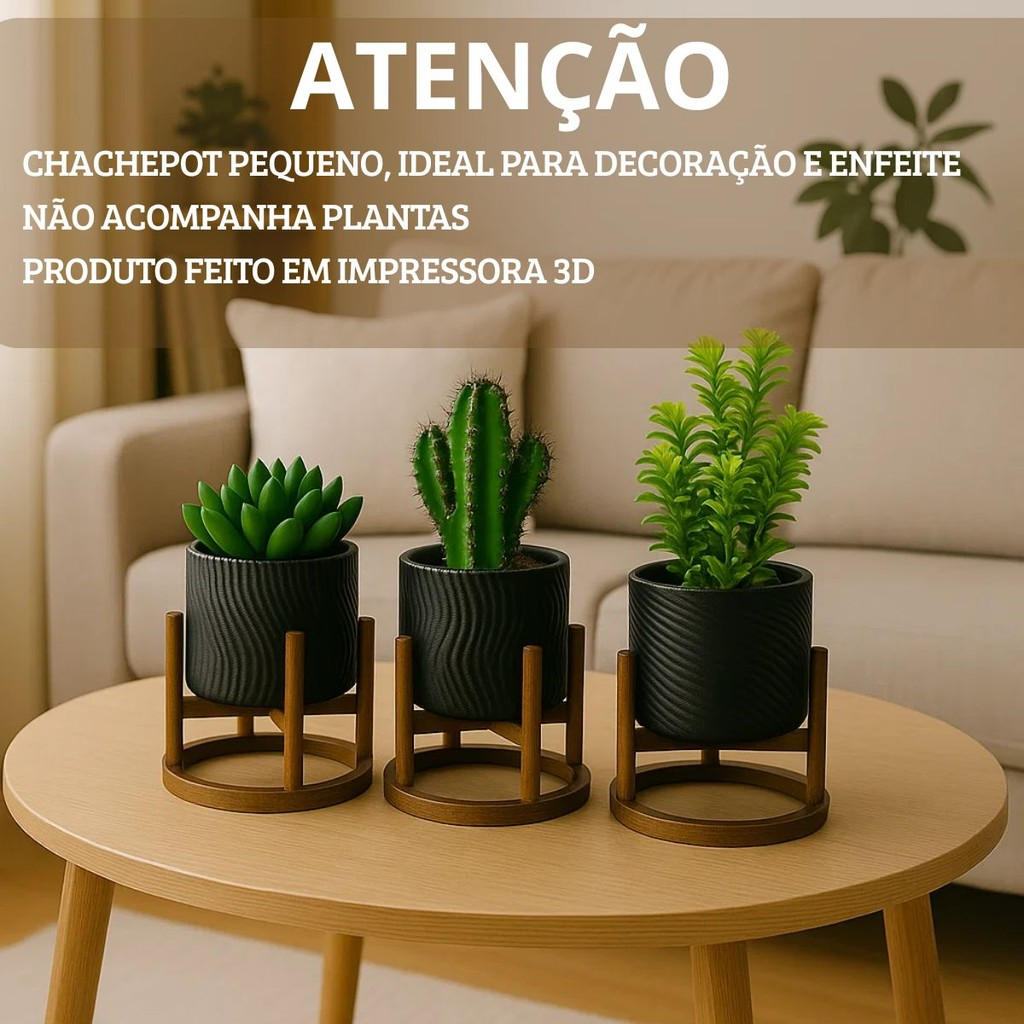 Trio de Vasos Cachepot com Suporte Para Cactos ou Suculentas